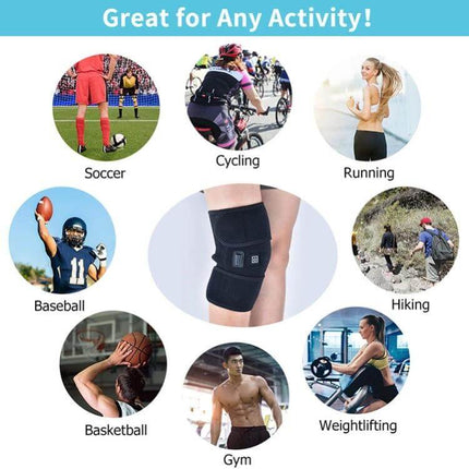 Infrared Heating Therapy Knee Pad For Daily Pain Relief With Adjustable Straps shown being used for soccer, cycling, running, hiking, gym and sports activities