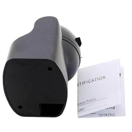 Infrared Motion Sensor Switch for Hands Free Lighting, 12m Detection - angled black sensor with installation manual