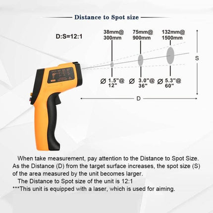 Infrared Thermometer For Quick Temperature Checks At Home And Work showing distance-to-spot diagram and laser aiming 12:1 spot size