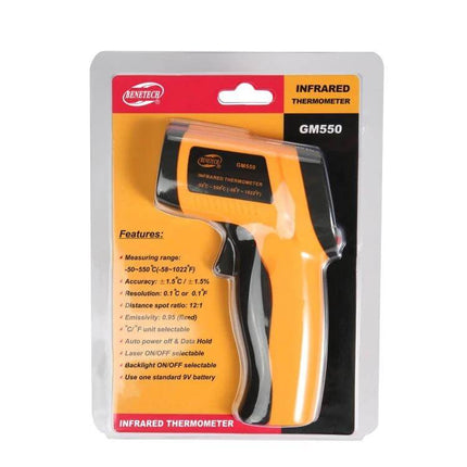 Infrared Thermometer For Home Use And Simple Readings - yellow handheld non-contact IR thermometer in retail packaging, model GM550