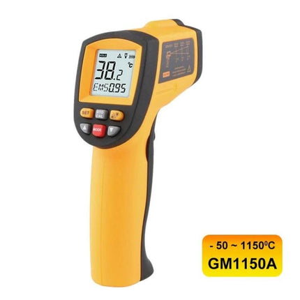 Infrared Thermometer for Home Use With Wide Temperature Range handheld yellow non-contact gauge showing 38.2°C for kitchens garages workshops