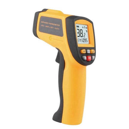 Infrared Thermometer For Quick Temperature Checks At Home And Work - yellow non-contact IR gun showing 38.2°C on LCD, ergonomic grip, buttons