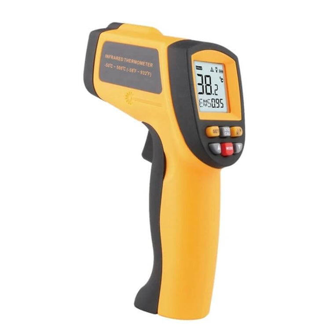 Infrared Thermometer For Quick Temperature Checks At Home And Work - yellow non-contact IR gun showing 38.2°C on LCD, ergonomic grip, buttons