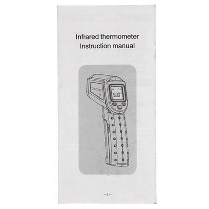 Infrared Thermometer Non-Contact For Quick Surface Checks handheld unit on instruction manual with backlit display and pistol grip