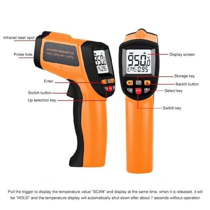 Infrared Thermometer For Quick Temperature Checks At Home And Work - orange non-contact IR gun with LCD display and trigger