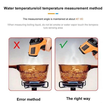 Infrared Thermometer for Quick Home Temperature Readings - handheld non-contact measurement of boiling pot at correct 45°–60° angle