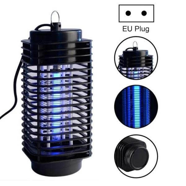 Insect Killer Lamp EU Plug For Indoor And Outdoor Use - black chemical-free bug zapper with soft blue light, EU plug, hanging hook and protective grill