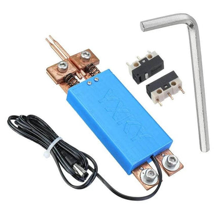 Integrated Spot Welder Mini Handheld Pen For Battery Pack Assembly shown with blue body, copper strips, cable and accessories