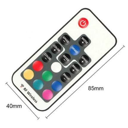 Intelligent RF Wireless Dimmable LED Strip Light Controller RF remote control showing color and brightness buttons, 85mm x 40mm compact design