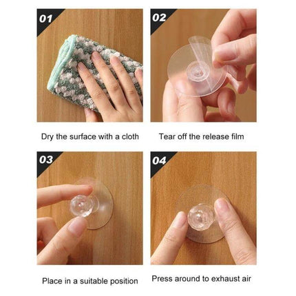 Invisible Cabinet Drawer Handle 2 Pack With Self Adhesive Suction Cups showing step-by-step installation on wooden surface with suction cup placement and press-to-seal