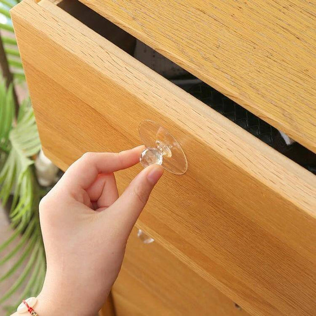 Invisible Cabinet Drawer Handle 2 Pack With Self Adhesive Suction Cups - clear acrylic invisible knob on wooden drawer, renter-friendly no-drill install