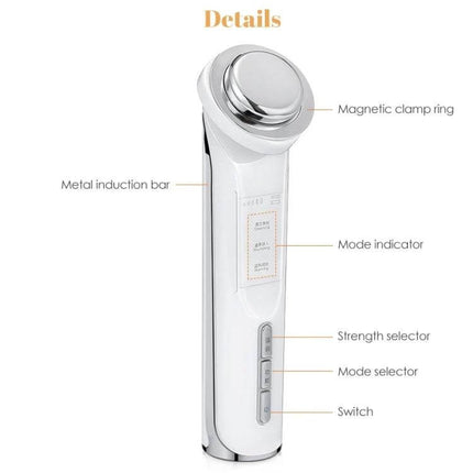 Ion Beauty Face Cleansing Massager for Deep Cleaning handheld device showing magnetic clamp ring, mode indicator, strength selector and metal induction bar