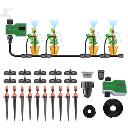 Irrigation Timer Controller For Garden With 2 Outlets shown with drip emitters, stakes, tubing and LED display for automated potted plant watering