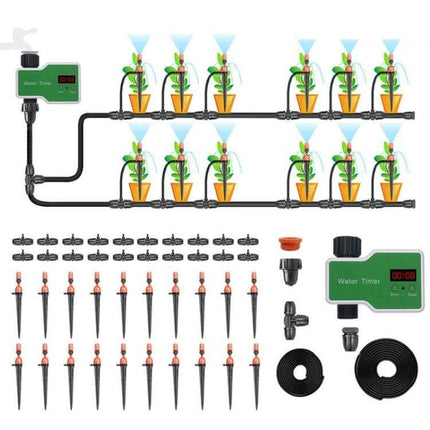 Irrigation Timer Controller For Garden With 2 Outlets showing dual-outlet timer, tubing, drippers and stakes for greenhouse, lawn and container irrigation