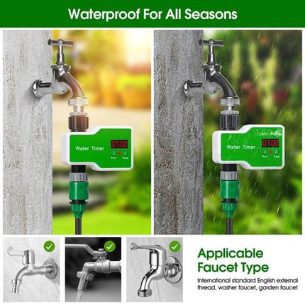 Irrigation Timer Controller For Garden With 2 Outlets attached to outdoor faucet with LED display, waterproof for all seasons