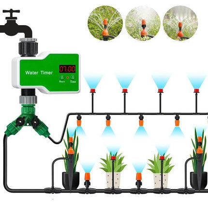 Irrigation Timer Controller For Garden With 2 Outlets connected to drip irrigation system with LED display and dual outlet splitter