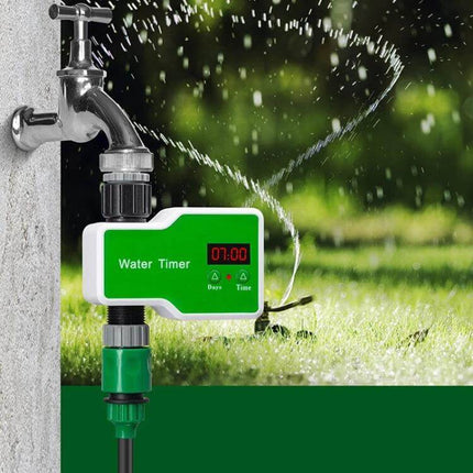 Irrigation Timer Controller For Garden With 2 Outlets attached to outdoor faucet with LED display and sprinkling lawn