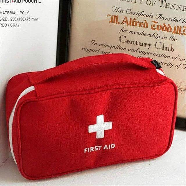 ISKYBOB Travel First Aid Kit Bag 23x13x7.5cm For Everyday Use - compact red first aid pouch with cross, multi-compartment organizer for travel and outdoor use