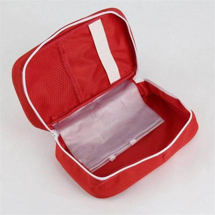 Alt Tag: ISKYBOB Travel First Aid Kit Bag 23x13x7.5cm For Everyday Use - red compact empty organizer with mesh pocket and clear pouch