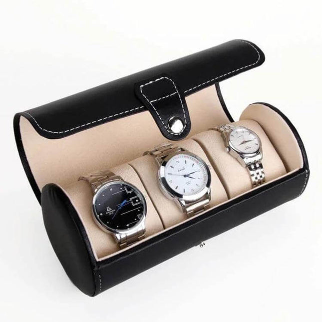 Portable Travel Watch Cylinder Case For Three Watches - black PU leather travel case with soft lining holding three wristwatches securely