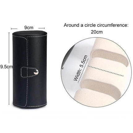Portable Travel Watch Cylinder Case For Three Watches - black PU leather cylinder case 9x9.5cm with soft 3-slot inner lining
