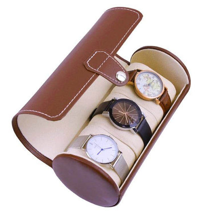 Portable Travel Watch Cylinder Case For Three Watches - brown PU leather travel case with soft lining holding three wristwatches