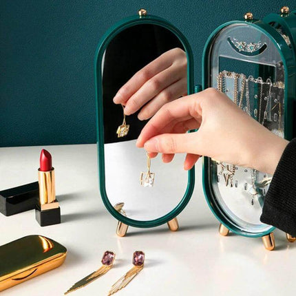 Jewelry Storage Box With Foldable Display Stand - White showing open organizer with mirror, hanging earrings and compact travel size