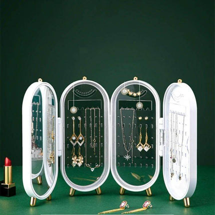 Jewelry Storage Box With Foldable Display Stand - White showing organized earrings necklaces bracelets with built-in mirror and compact ABS design