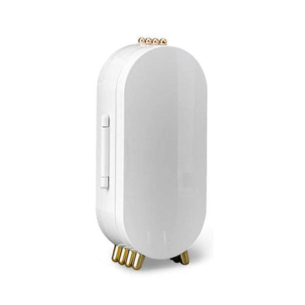 Jewelry Storage Box With Foldable Display Stand - White compact ABS jewelry case with foldable stand, mirror and gold accents for travel and vanity