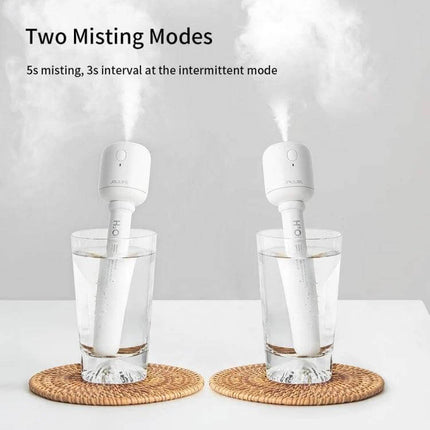 JisuLife Wireless High Mist Portable Humidifier White No Water Tank showing two misting modes with unit in glass producing continuous and intermittent nano-fine mist