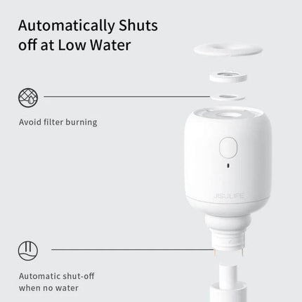 JisuLife Wireless High Mist Portable Humidifier White No Water Tank showing automatic low-water shutoff and detachable top design