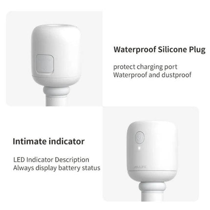 JisuLife Wireless High Mist Portable Humidifier White No Water Tank showing waterproof silicone plug and LED indicator on white unit