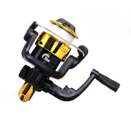 JL200 Spinning Reel With 3 Ball Bearings For Everyday Fishing - compact black and gold spinning reel with pre-spooled line and 3BB smooth retrieve