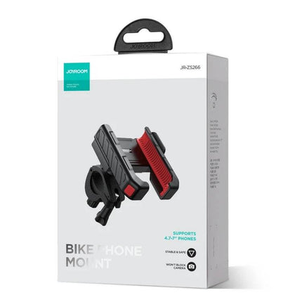 Joyroom Bicycle Phone Mount For 4.7 To 6.8 Inch Phones One Hand Use - black and red bike phone mount in retail packaging