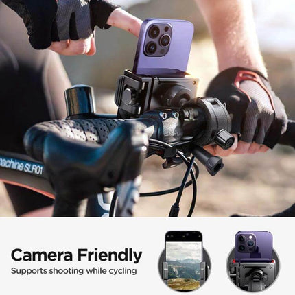 Joyroom Bicycle Phone Mount For 4.7 To 6.8 Inch Phones One Hand Use mounted on bike handlebar showing phone secure and camera-friendly