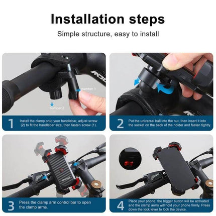 Joyroom Bike Phone Mount For Handlebar On Daily Rides - installation steps showing clamp, ball joint, and phone secured on bicycle handlebar