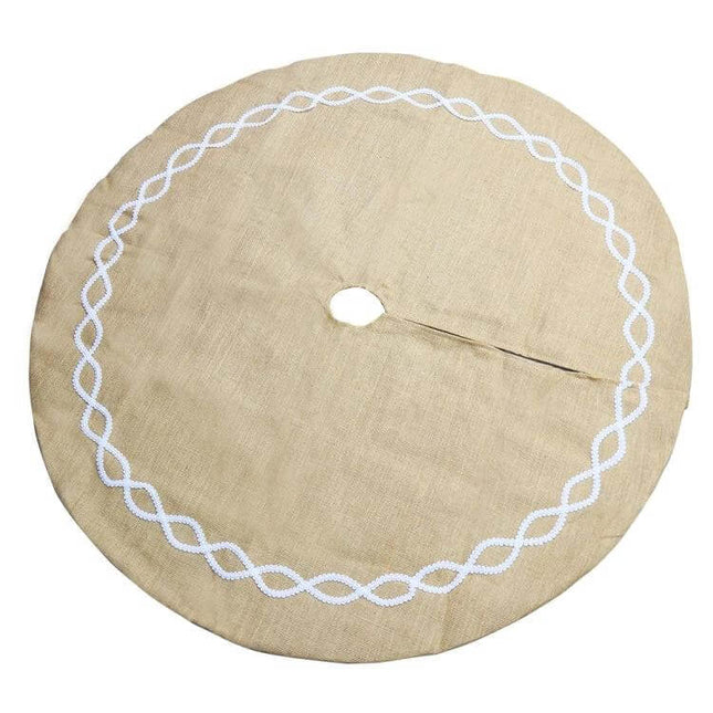 Jute Cloth Tree Skirt 122 Cm Diameter For Christmas Tree natural linen round skirt with white braided trim, 122 cm diameter, rustic holiday base