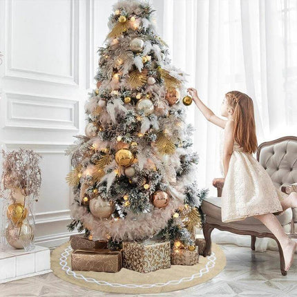 Jute Cloth Tree Skirt 122 Cm Diameter For Christmas Tree under decorated tree with gifts and child placing ornament