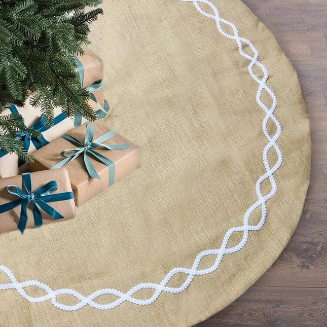 Jute Cloth Tree Skirt 122 Cm Diameter For Christmas Tree - natural linen round skirt with white braid trim under decorated tree
