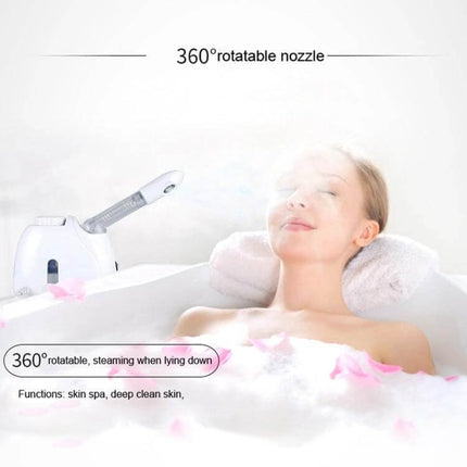K-SKIN Facial Steamer Hot Mist For Home Spa Use Daily – woman enjoying warm nano‑ion steam with 360° rotatable nozzle for deep pore hydration