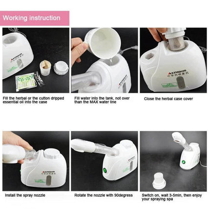 K-SKIN Facial Steamer Hot Mist For Home Spa Use Daily showing setup steps: water fill, herbal case, nozzle install and steam operation