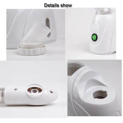K-SKIN Facial Steamer Hot Mist For Home Spa Use Daily compact white steamer showing nozzle, water tank cap, control button, and detachable parts