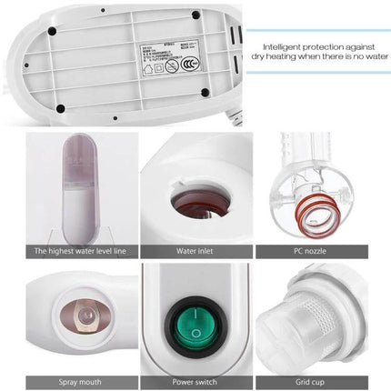 K-SKIN Facial Steamer Hot Mist For Home Spa Use Daily compact white unit showing water inlet, PC nozzle, spray mouth, power switch and grid cup