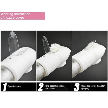 K-SKIN Facial Steamer Hot Mist For Home Spa Use Daily nozzle cover instructions showing open cover, add essential oil to cotton, and close to start steaming