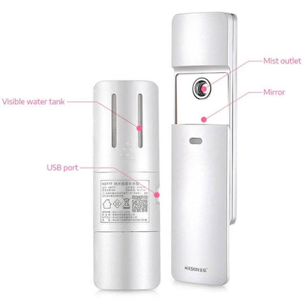 K-SKIN Nano Cool Facial Sprayer Handheld For Refreshing Skin white handheld nano mist device showing mist outlet mirror visible water tank and USB port