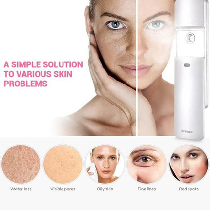 K-SKIN Nano Cool Facial Sprayer Handheld For Refreshing Skin - handheld nano mist device showing before-after skin improvement and uses
