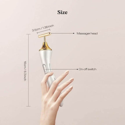 K-SKIN Portable Electric Facial Massager for Lifting and Firming - handheld device with T-shaped massager head, on-off switch and size dimensions shown