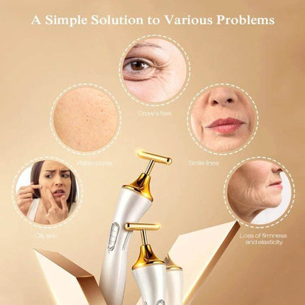 K-SKIN Portable Electric Facial Massager for Lifting and Firming shown with gold T-bar heads and examples of crow's feet, smile lines, pores, oily skin and loss of firmness