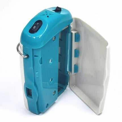 KAIXINWEI In-Ear Hearing Aid Amplifier for Seniors showing turquoise device with open battery case and on/off switch