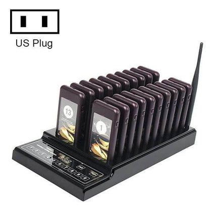 Restaurant Wireless Paging System with 20 Coaster Pagers and US Plug on charging base with keypad and antenna, ideal for restaurant queue management